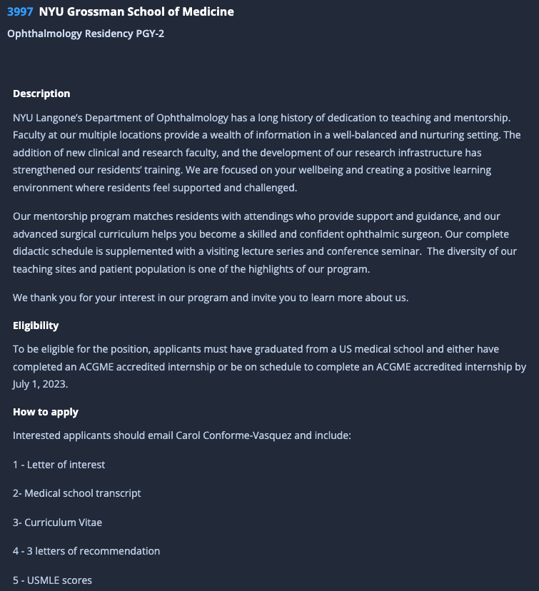 EyeRes_'s tweet image. There is an opening for a PGY-2 spot at @NYULangoneEye! Please visit below for more info..

sfmatch.org/applicant/vaca…