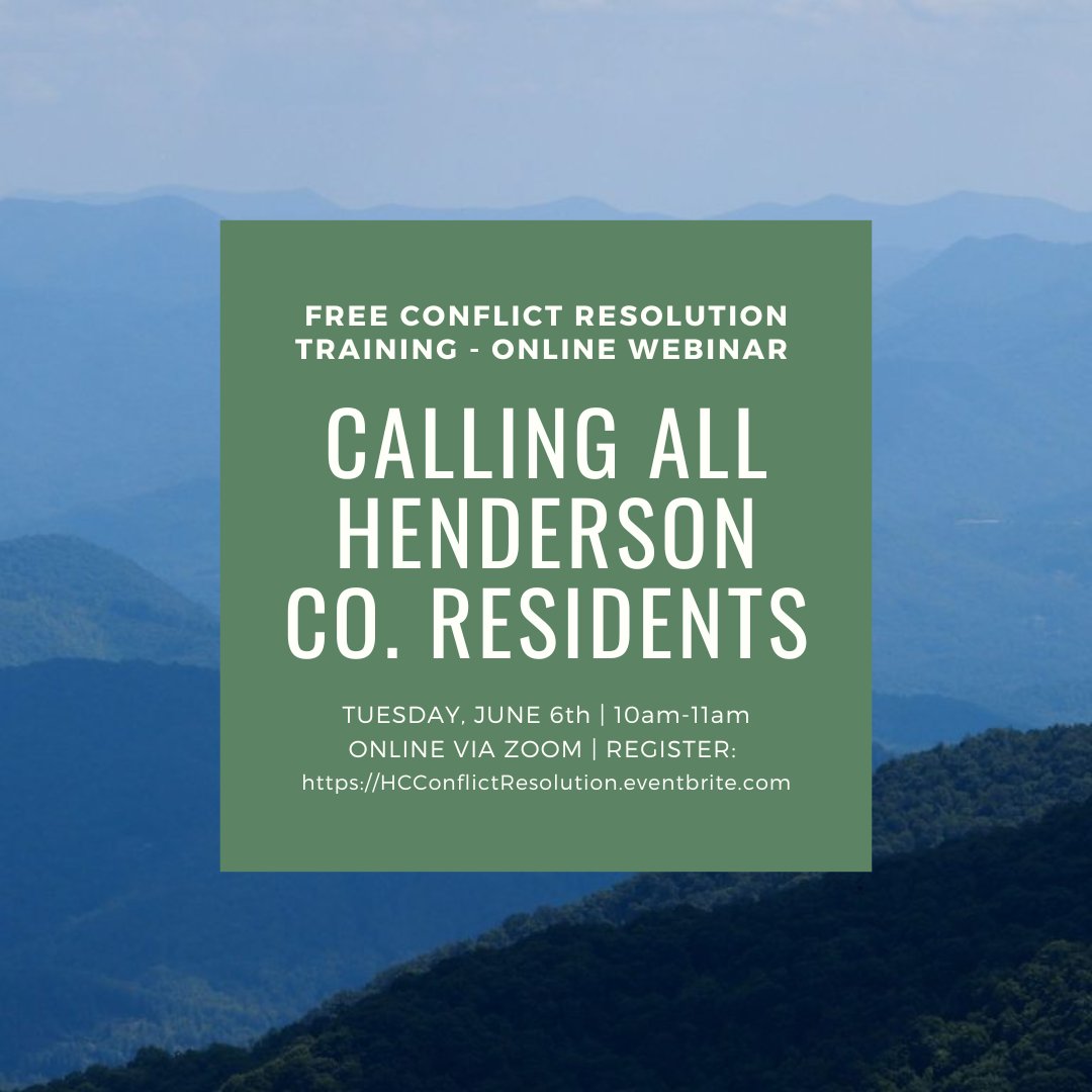 MediateWNC's tweet photo. Check out this free virtual training for Henderson County residents who want to learn more about conflict resolution. Coming up next Tuesday, June 6th from 10am-11am. Registration required to receive the link to attend: https://t.co/BHunVxHCpM https://t.co/uLWSiPAyxx