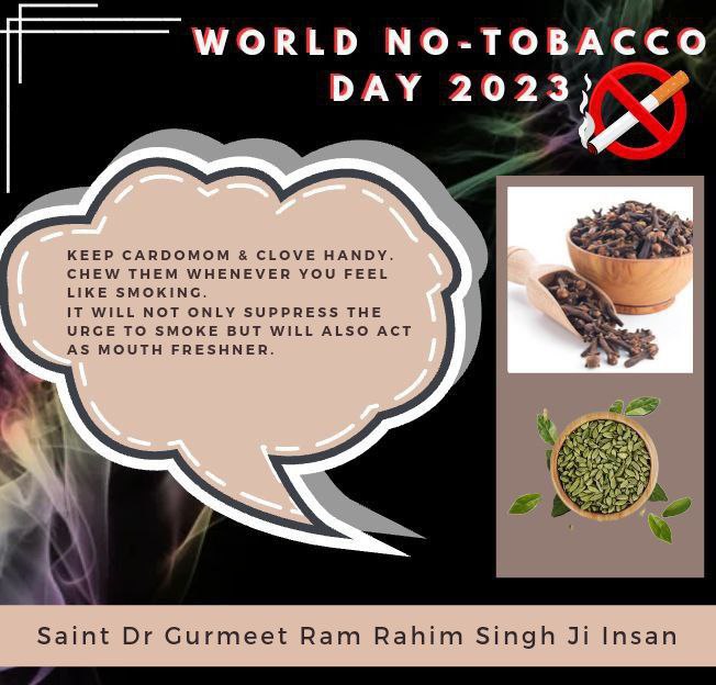 Tobacco Smoking & chewing leads to potentially fatal diseases.
Saint Gurmeet Ram Rahim Ji tells that to QUIT Tobacco Addiction,Chew small Cardamom & Cloves,listen to Spiritual Satsang,do Meditation & get rid of Addiction.
#WorldNoTobaccoDay
#WorldNoTobaccoDay2023
Dera Sacha Sauda