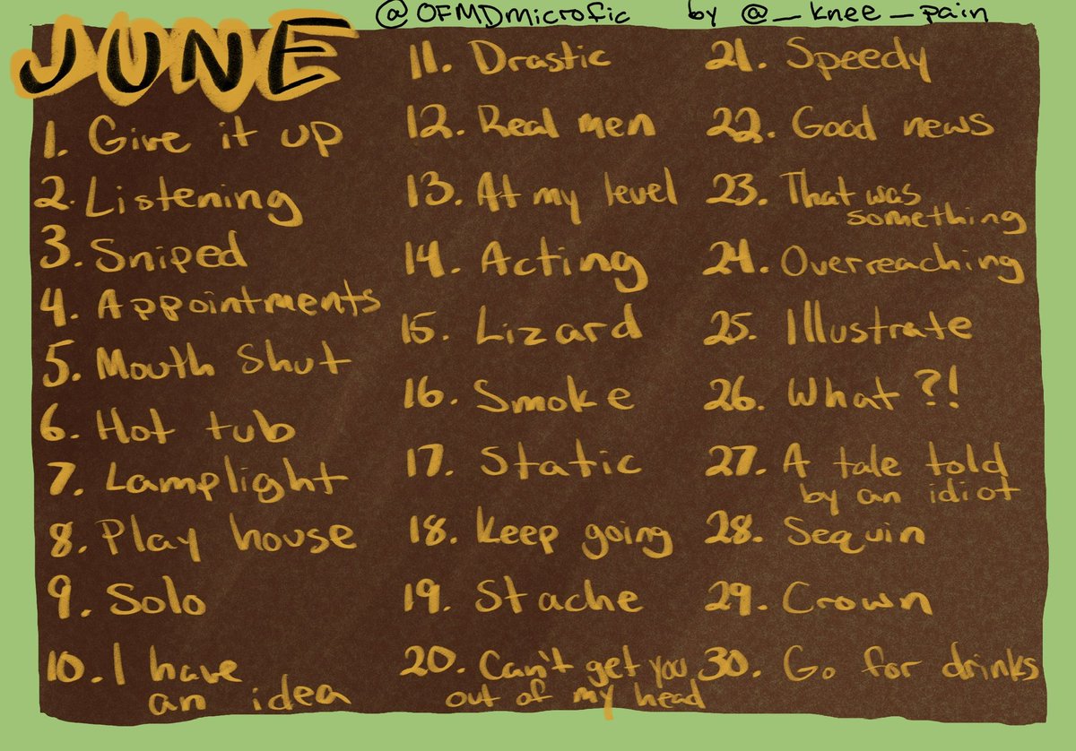 ofmdmicrofic's tweet image. June prompt list!!

Tag @ofmdmicrofic #ofmdmicrofic to participate!

Will rt entries to this account when I have time

Prompts also in alt text