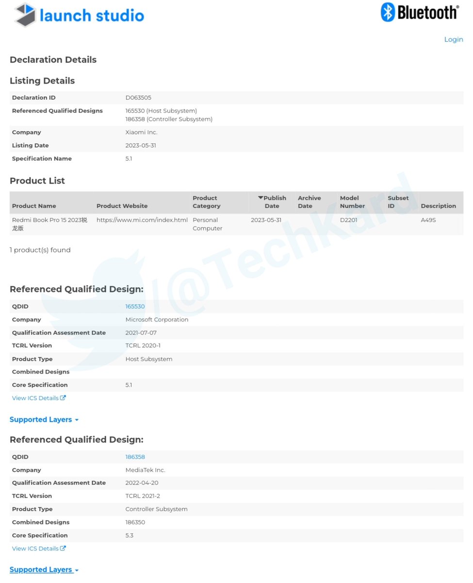 TechKard's tweet photo. Redmi Book Pro 15 2023 锐龙版 (dragon version) listed on Bluetooth SIG Certification.
Model no. D2201
#Redmi #RedmiBook #RedmiBookPro152023 #RedmiBookPro152023锐龙版
#RedmiBookPro152023dragonversion https://t.co/ZrUCtj8WH0
