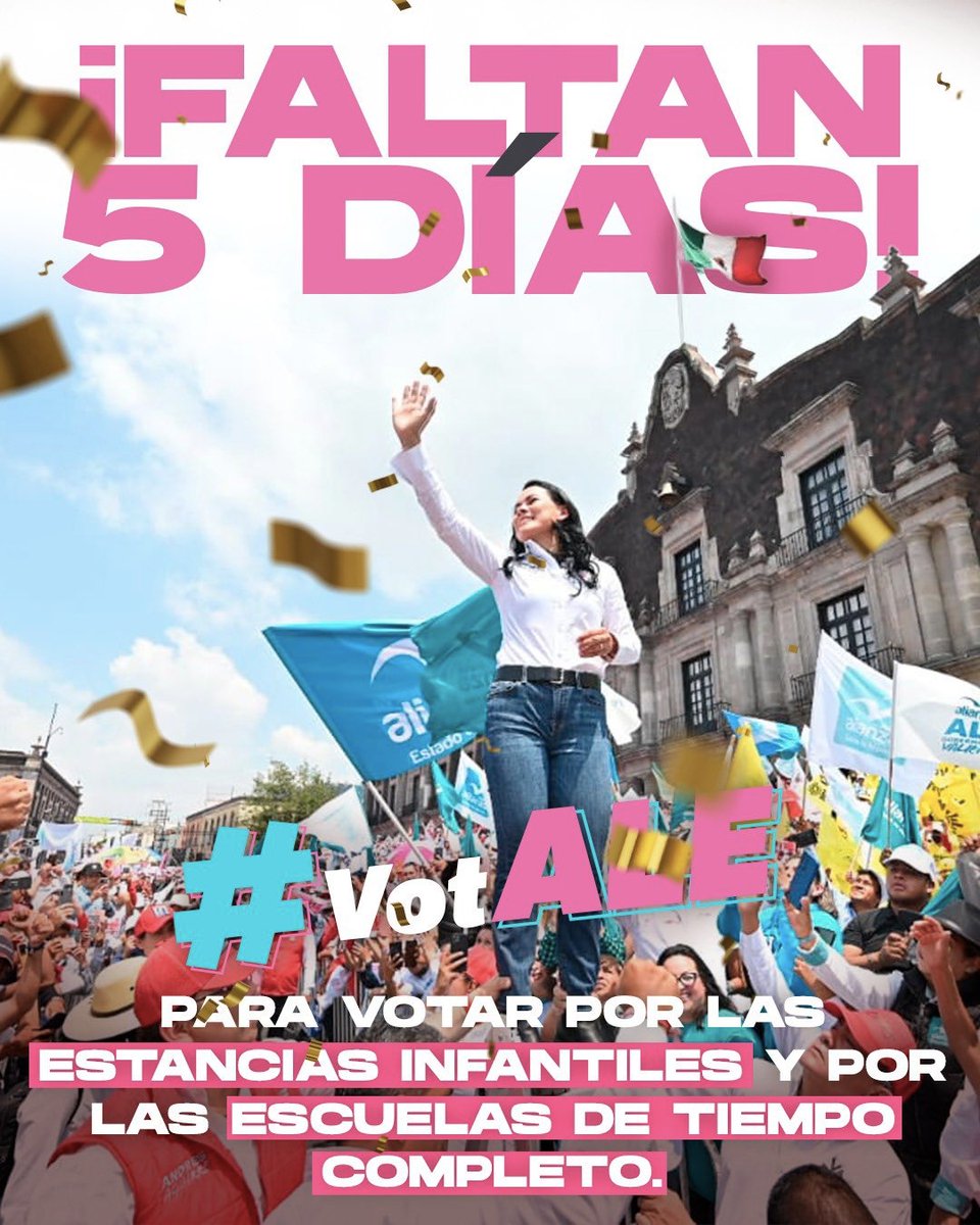 ¡En 5️⃣ días tendremos Gobernadora en el #EdoMéx!
🇲🇽Son miles de familias mexiquenses que desean un mejor futuro, este próximo 4 de junio vota por <a href="/AlejandraDMV/">Alejandra Del Moral</a>.

#AlaVictoriaConAle 
#VotALE