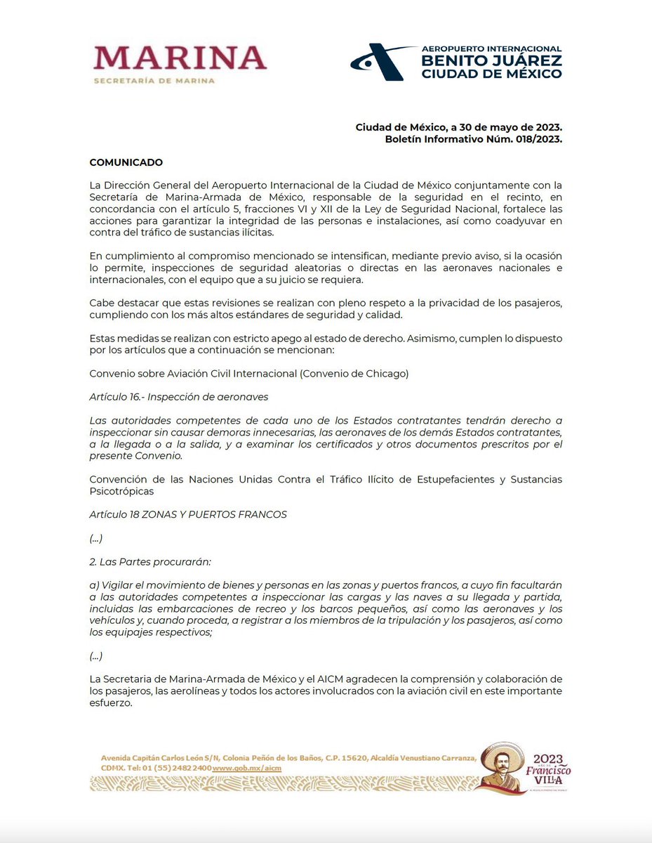 #TOMENOTA

🔴 Anuncian la #SEMAR y autoridades del #AICM que intensificarán las inspecciones de seguridad aleatorias sin previo aviso en aeronaves nacionales e internacionales, en el marco de las acciones contra el tráfico de sustancias ilícitas. Las inspecciones podrían…