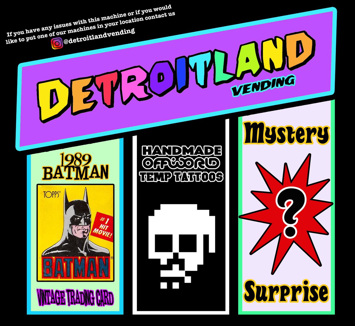 DetroitlandV's tweet photo. 2 !SLOT SWAPS! today: @VaultOfMidnight Detroit we added vintage Dinosaurs Attack trading cards + @OffworldArcade We added vintage (1989) #Batman trading cards! #detroitlandvending #creativevending #detroit https://t.co/N8V6tWVq5i
