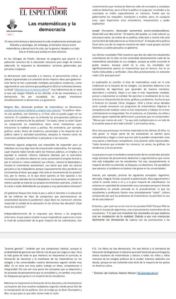 juliandezubiria's tweet photo. Los invito a leer libremente mi nueva columna: “Las matemáticas y la democracia”. No por casualidad, los griegos inventaron simultáneamente la democracia y la geometría. https://t.co/aQq7axDrsW