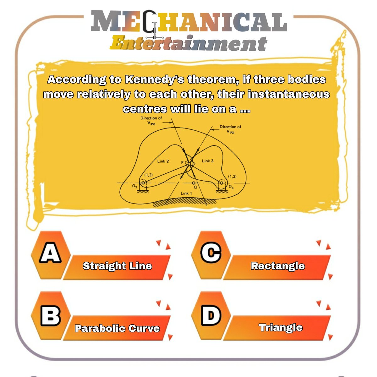 Test Your Mechanical Knowledge
Comment Answer Below,

#mechanicalentertainment #kunalmendhe  #mechanicalquiz #mechanicalstudent #designengineering #designengineering #designengineer #design #kennedy #kennedytheorem #instantaneous #instantaneouscenter