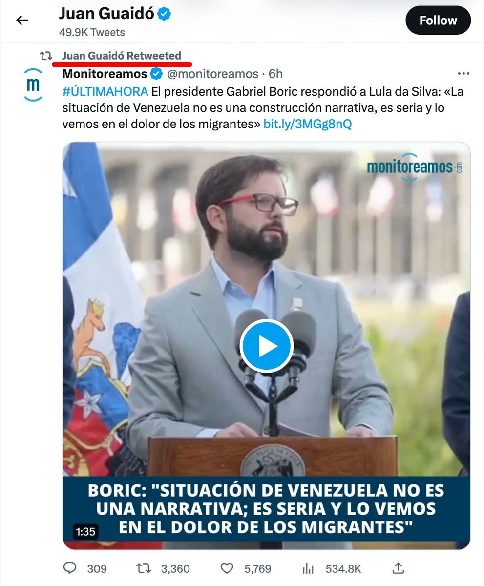 Hablemos de 'hacerle el juego a la derecha' y el imperialismo... Juan Guaidó dándole retuit a las agresivas declaraciones de #Boric en el marco de la cumbre #UNASUR en Brasilia 🇧🇷. La unidad de América del Sur y sus enemigos.
#RenacimientoDelSur #UniónSuramericana #30May #Lula