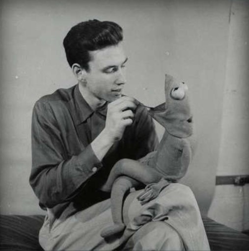 Jim Henson working on Kermit the Frog, 1955.