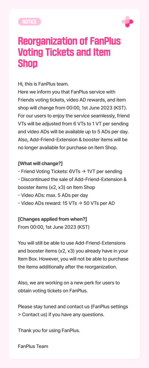 fanplus_app's tweet photo. ⚠ [공지] 팬플러스 투표권 및 아이템샵 관련 개편 안내
⚠ [NOTICE] Reorganization of FanPlus Voting Tickets and Item Shop https://t.co/oiL6Bmi1yt