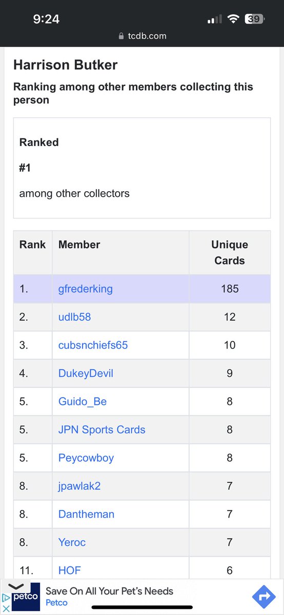IT_guy8706's tweet photo. The updated PCs for Parker.

@WhitMerrifield checking in at a healthy 755 unique cards. 17% of all Whit cards &amp; currently the #2 collector.

@buttkicker7 checking in at a whopping 185 unique cards! 79% of all Butker cards &amp; currently #1.

#whodoyoucollect  #TwoHitWhit #ButtKicker https://t.co/UKwkm1WFJp