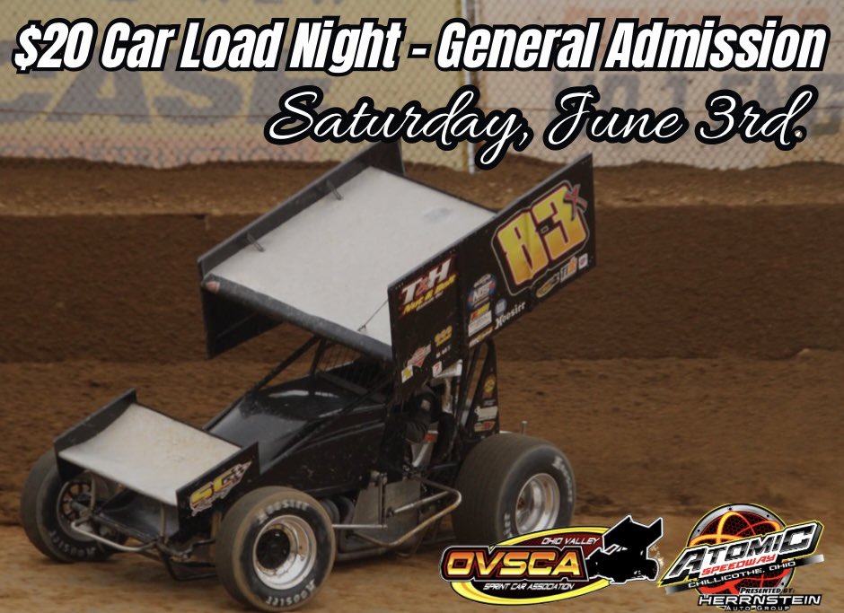 AtomicSpeedway's tweet photo. $20 Car Load Night -  𝐉𝐮𝐧𝐞 𝟑𝐫𝐝‼️

Join us this Saturday for $20 car load night featuring @OVSCA 410 Sprints, Modifieds, Sport Mods, &amp; USAC Midwest Thunder Midgets! $20 car load night applies to general admission tickets only and has a maximum of 5 people per vehicle. https://t.co/pSRqIXh9QI