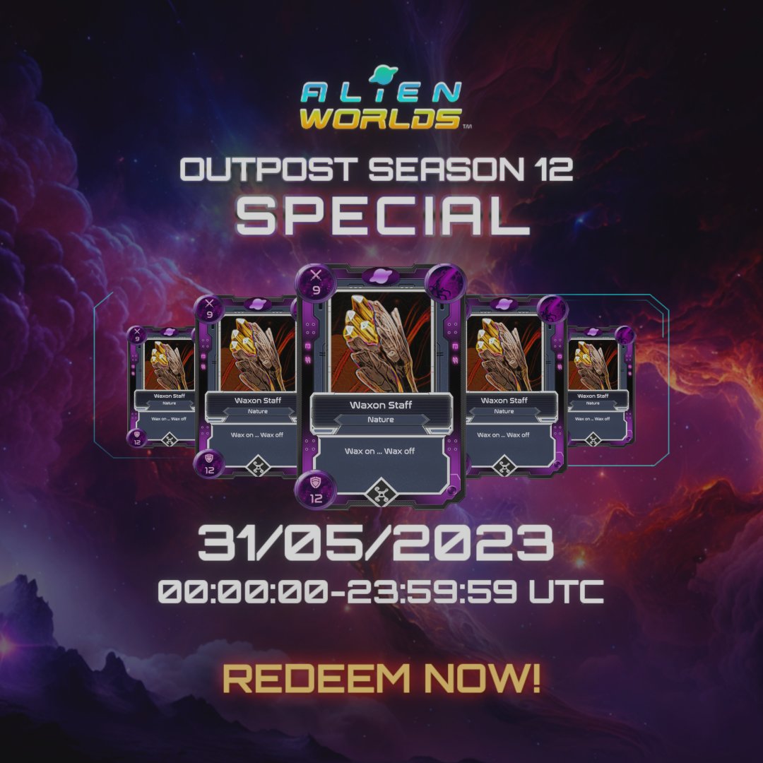 👽Explorers, don't miss out on this limited time opportunity to pick up the Waxon Staff. You have 2️⃣4️⃣ hours to take advantage of today's NFT Season 12 special.🔥

👉Redeem your Weapon now: 
buff.ly/3Wjr7qj

#AlienWorldsNFT #AlienWorlds #AlienWorldsMetaverse #Play2Earn