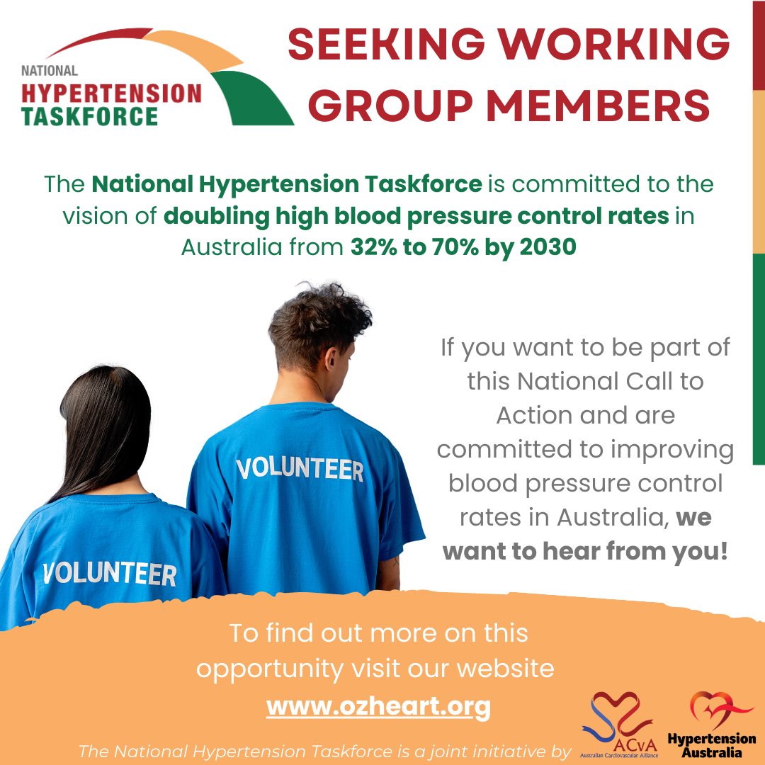 Be part of a collaborative, national approach to double blood pressure control rates in 🇦🇺 & save lives.
The #HypertensionTaskforce has 5 new working groups and they’re looking for members. Get your EOIs in by June 10👇👇
ozheart.org/national-hyper…
@alta_schutte @markus_schlaich