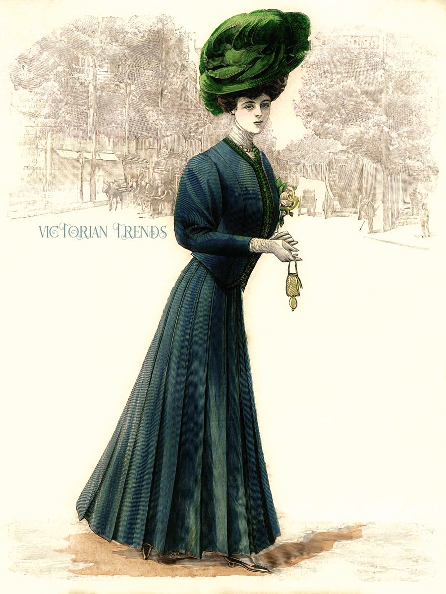 #Fashionhistory: Edwardian lady in a walking dress with green hat, yellow rose and purse, 1905.
|| #20thcenturyfashion #belleépoque #edwardianfashion #fashionillustration #frenchfashion #victoriantrends #vintageart #vintageillustration