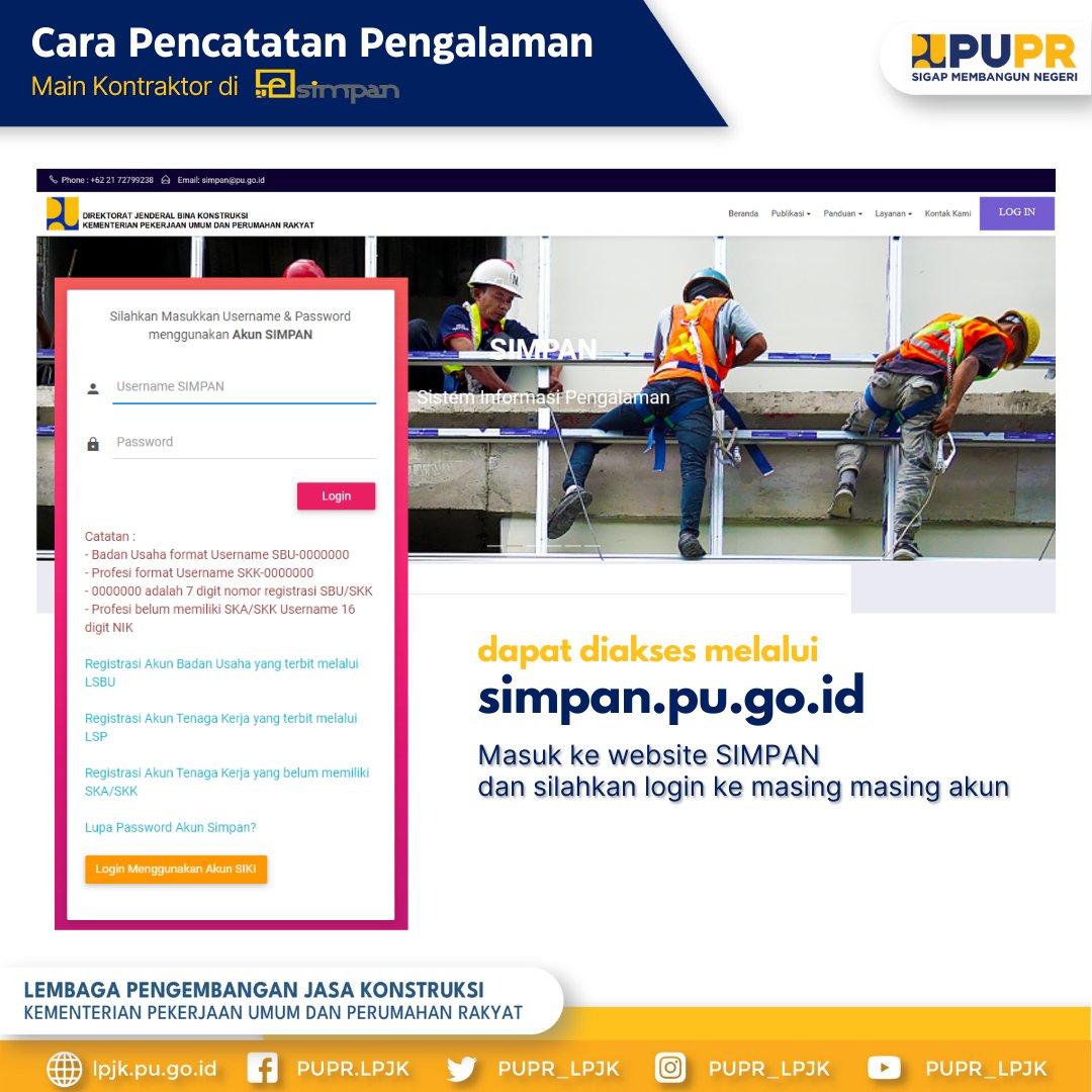 PUPR_LPJK's tweet photo. Untuk #sahabatpupr yang belum tau tata cara pencatatan pengalaman bagi Main Kontraktor melalui e-SIMPAN, yuk simak informasi berikut ini..

#sigapmembangunnegeri
#konstruksiberkualitas https://t.co/TjZGVUh45r