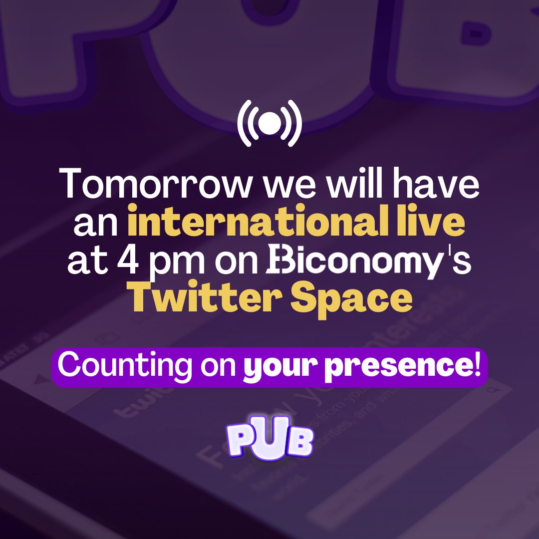 IoPubgame's tweet photo. 📢 Attention! Join us tomorrow at 4 PM (Brazil)for an exciting live session on Twitter Space with
@BiconomyCom, one of the top 20 largest exchanges in the market!    Don't miss this opportunity to stay updated on the latest news and updates about our project.  #pgc #pubverse #nft https://t.co/0tqSRW2GaP