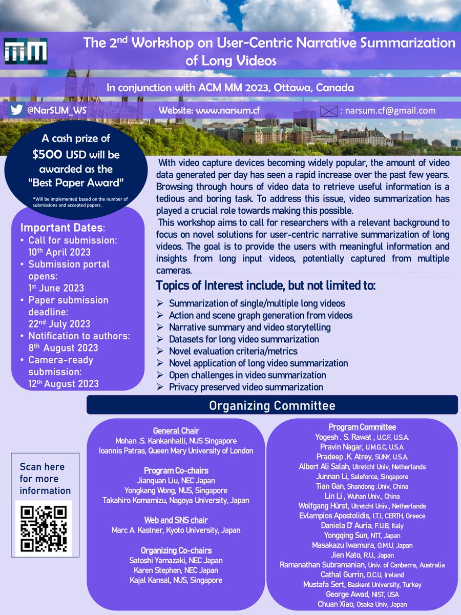 NarSUM_WS's tweet photo. This year's NarSUM workshop at #ACMMM2023 is approaching.

We just added the submission link and look forward to your submissions! The deadline has been moved to July 22nd, 2023, so still plenty of time if you have an idea now!

https://t.co/pY93F1pqJI https://t.co/z66kQ8NeBw