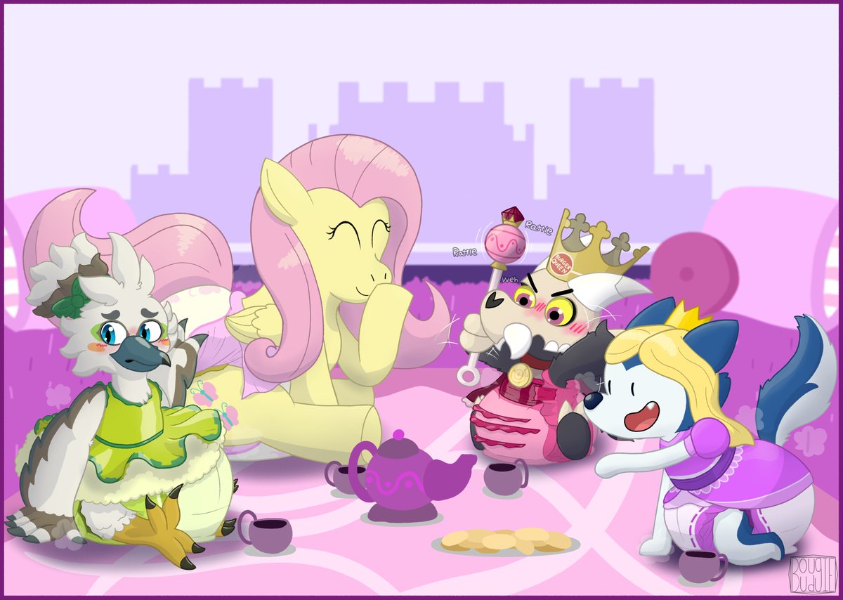 Here we have a little tea party, with an all-star guest list.
Or at least who can look cute in the dress code (poofy diaper and sissy dresses).