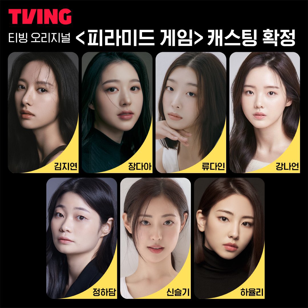 Confirmed cast of TVING webtoon based #PyramidGame 🔥

#KimJiyeon (WJSN #Bona)
#JangDaAh 
#RyuDain
#KangNaeon
#JeongHadam
#ShinSeulki
#HaYulli

About a high school that has a brutal ranking system that determines the entire social hierarchy of the students