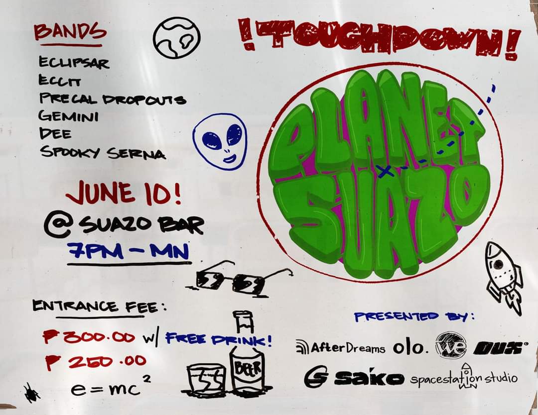 PrecalDropouts's tweet photo. We'll be playing at our home planet, Suazo Pub (davao city) on the 10th of June along with Gemini, DEE, Eccit, Spooky Serna and Eclipsar. See y'all there, bring your own ear plugs! https://t.co/WvelxhSdZp