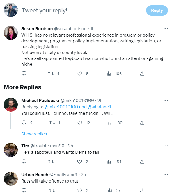 whstancil's tweet photo. I don't know how I become seemingly the primary enemy of the ultra-online blue MAGA contingent - like the devil figure in their cosmology - but this is how the replies to all my tweets look these days, and it's actually exhausting. https://t.co/EVhxIqqdBz
