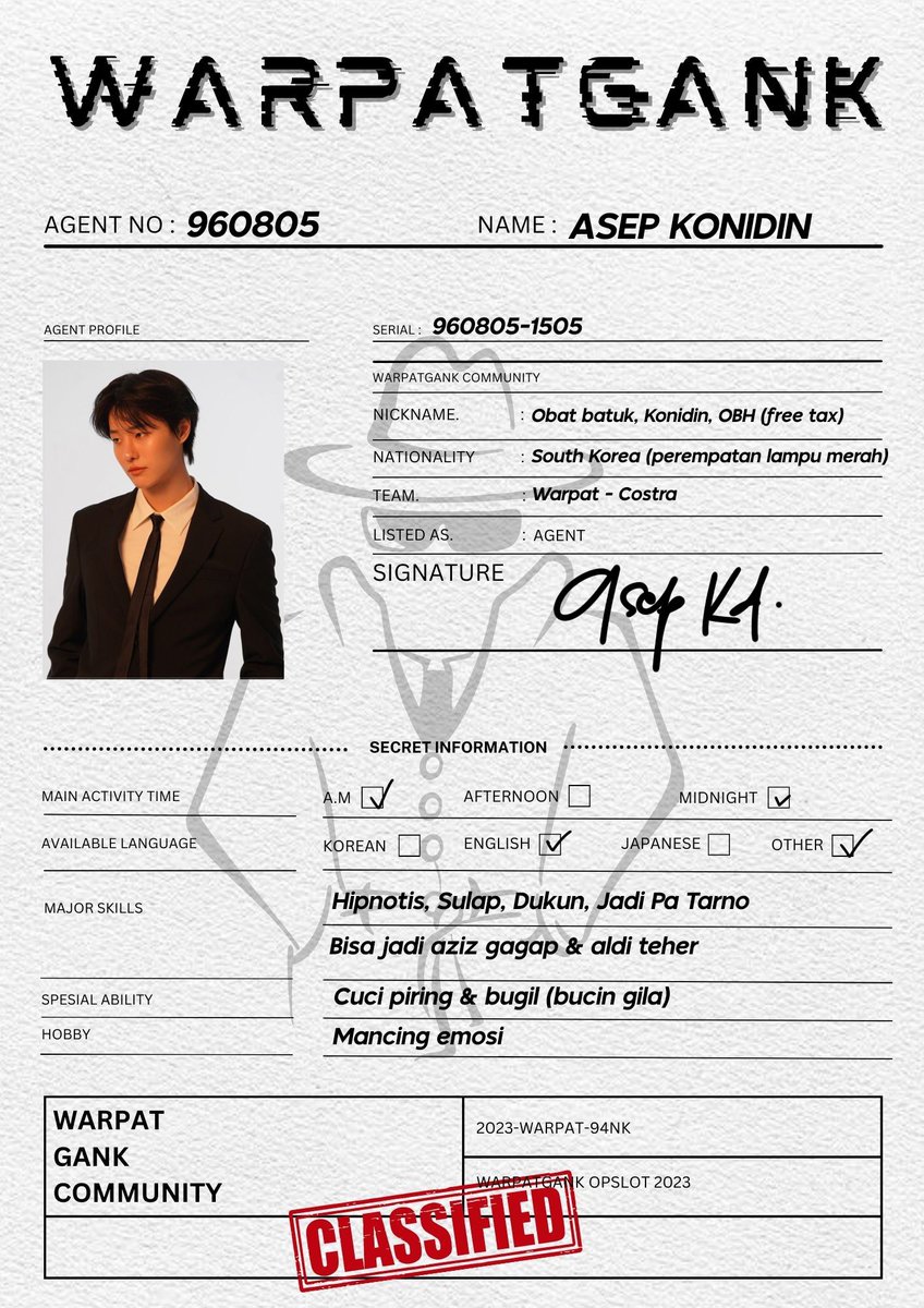 Code X, I'm Asep Konidin from Costra has accepted the mission and is about to pull the gear lever to become a secret agent with tactics, who's there?