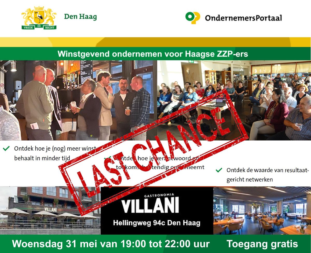 LAST CHANCE Vandaag woensdag 31 mei is de laatste van een serie van 8 gratis ZZP bijeenkomsten van de gemeente Den Haag. Dit keer in het stadsdeel Scheveningen. Wil je erbij zijn schrijf je dan snel in op: https://www.wi nstgevend-ondernemen.nl er zijn nog een aantal plekken vrij