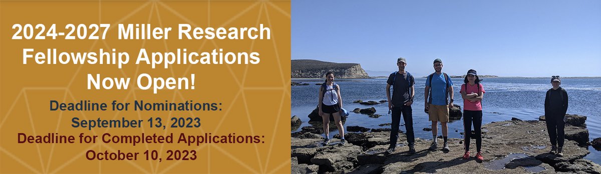 2024-2027 Miller Research Fellowship Applications Now Open!  miller.berkeley.edu/fellowship.
Deadline for Nominations: September 13, 2023.
Completed applications are due October 10, 2023
#science #stem #postdoc #postdoctoral #fellowship #research #fellowshipprogram