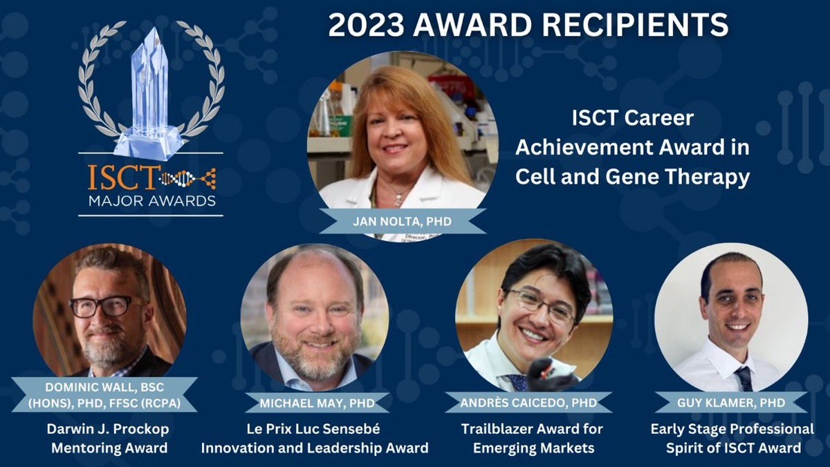 Awards will be given 05/30/23 by <a href="/ISCTglobal/">ISCT</a> in Paris. Congratulations to our Director <a href="/jan_nolta/">Dr. Jan Nolta</a> for her Career Achievement Award in Cell and Gene Therapy and to the other outstanding awardees! 👏🏻👏🏻👏🏻
#ISCT2023