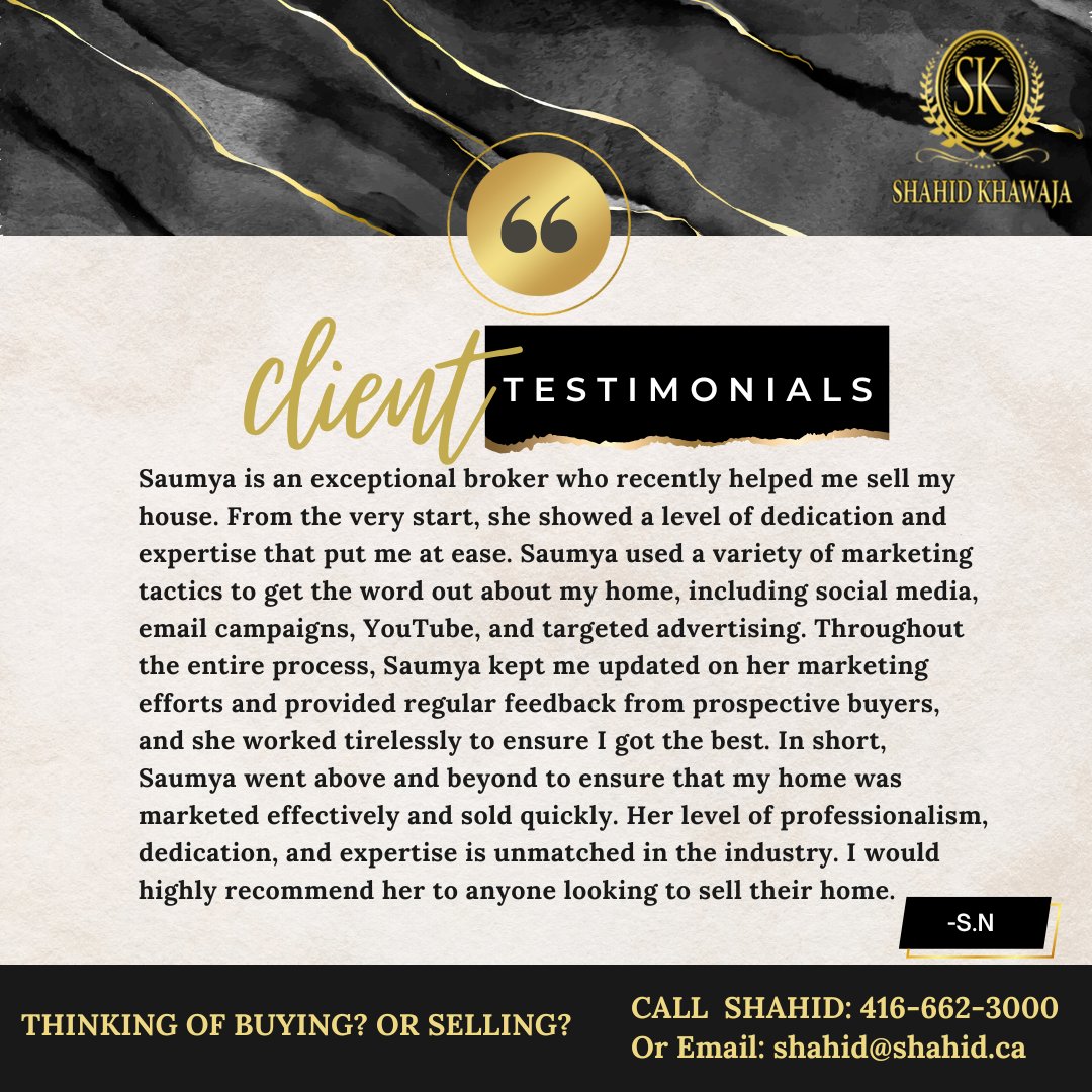 Always humbled by the kind words our clients share!

Looking to Buy? Or Sell?
Call Shahid: 416-662-3000
Or Email: shahid@shahid.ca

Rest easy, knowing that our Team will work tirelessly to find you your home <3 

#ClientTestimonial #RealEstateTestimonial