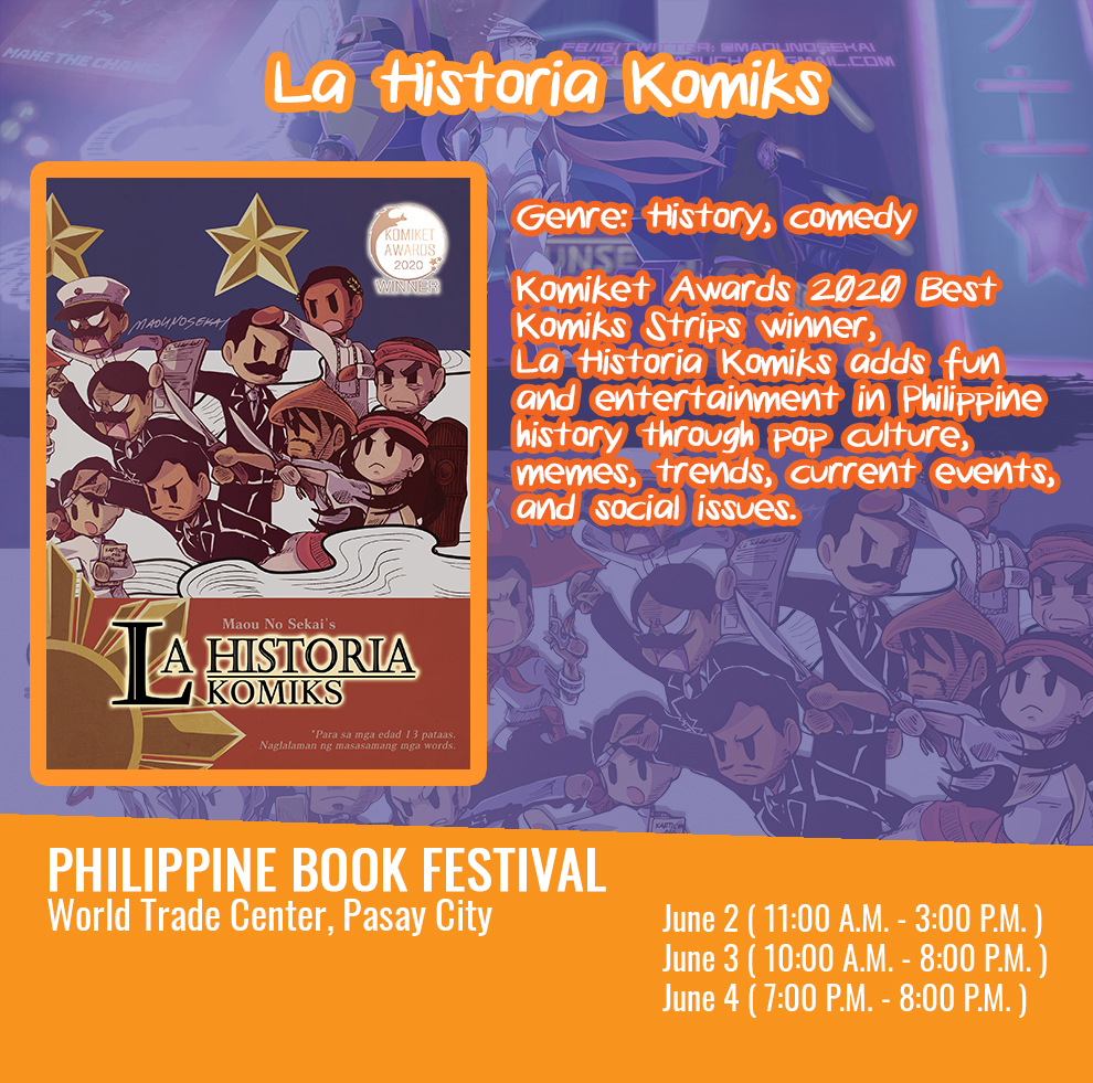 maounosekai's tweet photo. Here's our schedule for #PhilippineBookFestival !
Be sure to catch us at booth G1 (MIXDPOP) on those times and have your copies of #ThePropagandaProjectBETA vol 1 and #LaHistoriaKomiks signed!
See you there!
#komiks #PinoyKomiks #TPPB #maounosekai https://t.co/XuGVIfzGg3