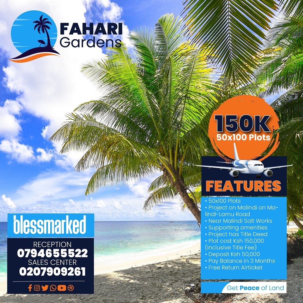BlessmarkedRE's tweet photo. FAHARI GARDENS, MALINDI

> The project is located near Malindi Salt Works/Kambi ya Waya off Malindi-Lamu Road. 
> The project is well supported by the social amenities, infrastructure and government administration facilities. 
> 50X100 Plots 
> Freehold Title Deed 
> Price: https://t.co/RA37XK5PUW