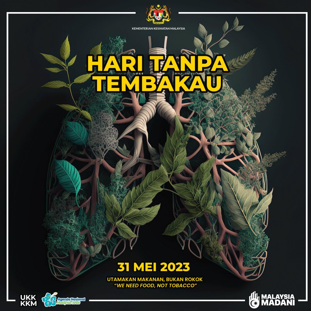 KKMPutrajaya's tweet photo. Sambutan Hari Tanpa Tembakau diadakan pada 31 Mei setiap tahun. Pada tahun 2023, tema sambutan adalah ‘Utamakan Makanan, Bukan Rokok’.

Penggunaan produk tembakau dan produk merokok yang lain boleh menyebabkan ketagihan  dan memudaratkan kesihatan bukan sahaja perokok tapi orang di sekeliling mereka.