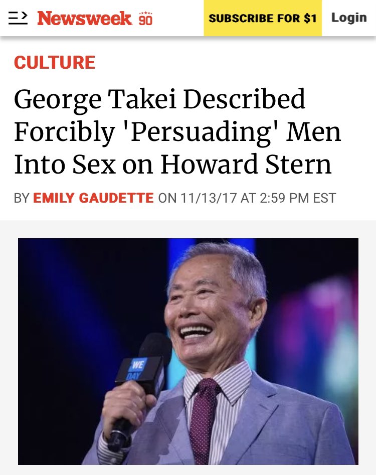 @GeorgeTakei 'HuffPost said Takei described sexual acts on Howard Stern Show. Asked if he 'grabbed someone's genitals against their will', he said, 'Some people that are kind of…umm…skittish or maybe…um…afraid and you're trying to persuade' never took place at work 'They came to my home'.