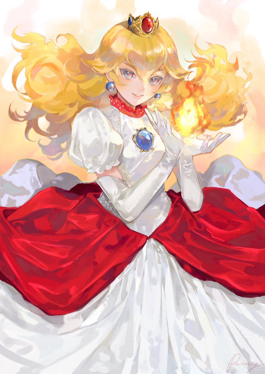 princess peach 1girl dress solo blonde hair gloves jewelry crown  illustration images