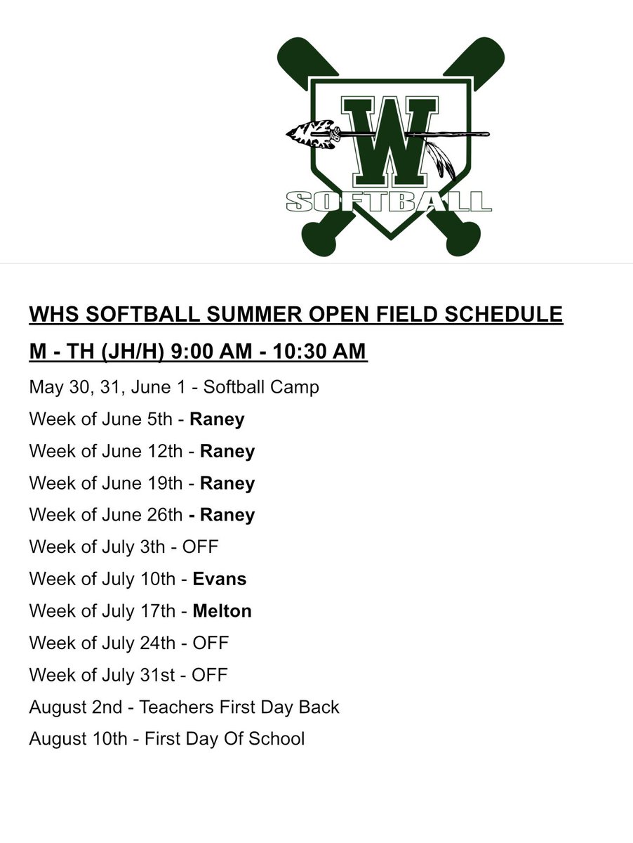 𝗢𝗣𝗘𝗡 𝗙𝗜𝗘𝗟𝗗 starts next week for our junior high and high school softball players!! Head out to the field after strength & conditioning. Take a friend or two to get your reps in!! 🥎