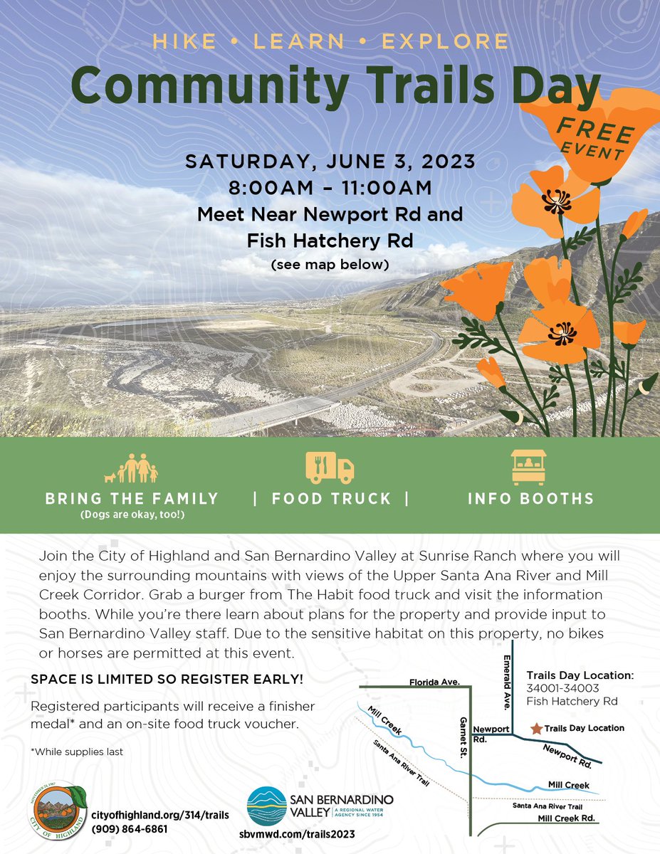 SBVMWD's tweet photo. Register Today!
https://t.co/p6H6DwfhZe
Join San Bernardino Valley and the City of Highland for an exciting day of community trails and outdoor adventure at Sunrise Ranch. 

Space is limited so register now! https://t.co/Yuw8WxEcGV