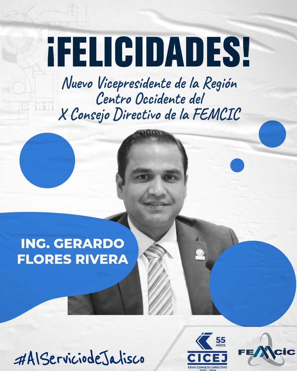 cicej_'s tweet photo. En #NuestroColegio queremos felicitar al Ing.@GerasFloresR por su nueva responsabilidad al frente de la @FEMCIC1 👏

Estamos seguras y seguros que realizará un excelente trabajo y que será de capaz de poner #LaIngenieríaCivil #AlServiciodeJalisco💪 y de todo México 🇲🇽. https://t.co/lkFFeiyhdP