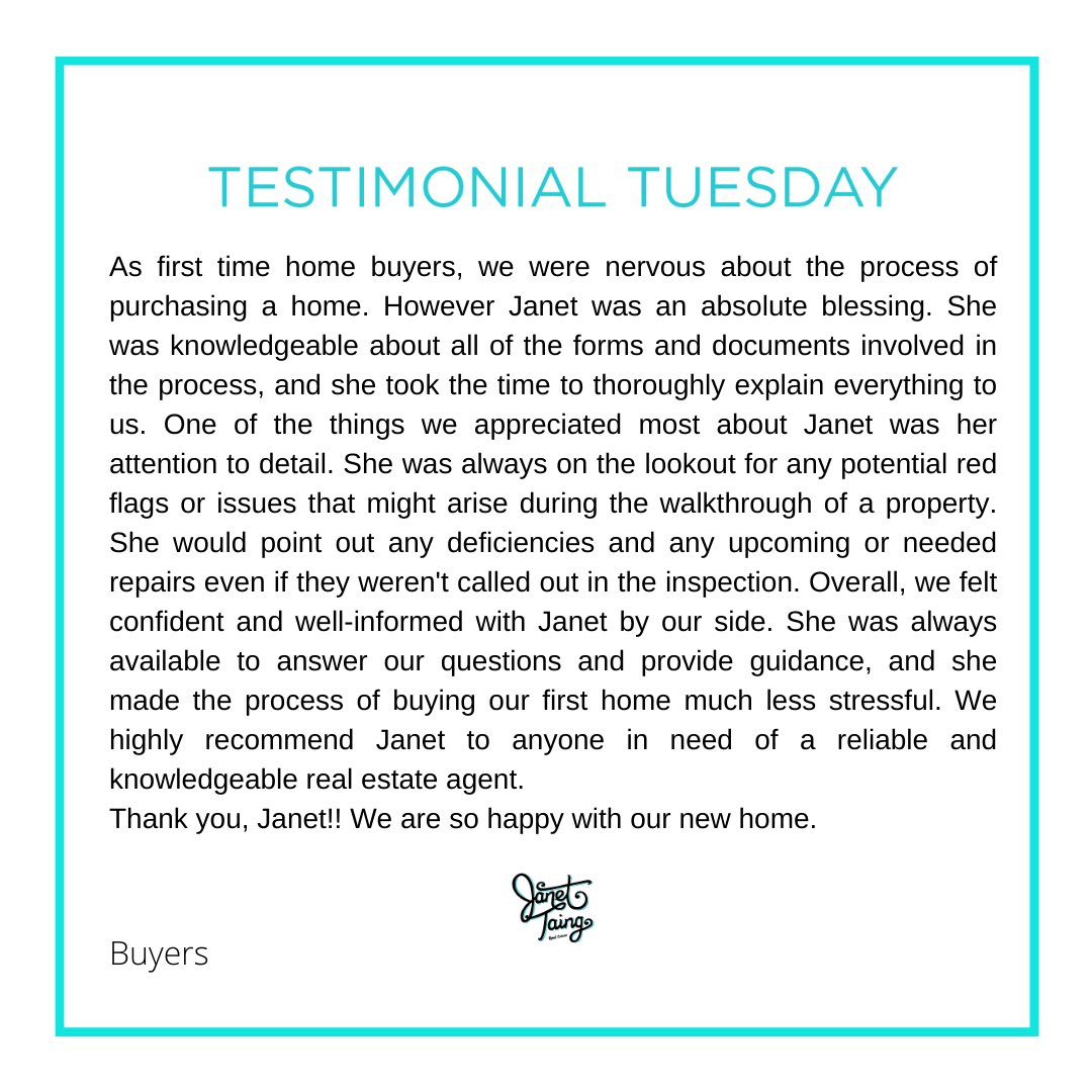 #TestimonialTuesday #Buyers #BuyersAgent #WashingtonRealEstate #SeattleRealEstate #SeattleRealEstateAgent #KWSeattle #JanetTaingRealEstate #KW Thank you to my wonderful clients for this review! It means the world to me! ❤️