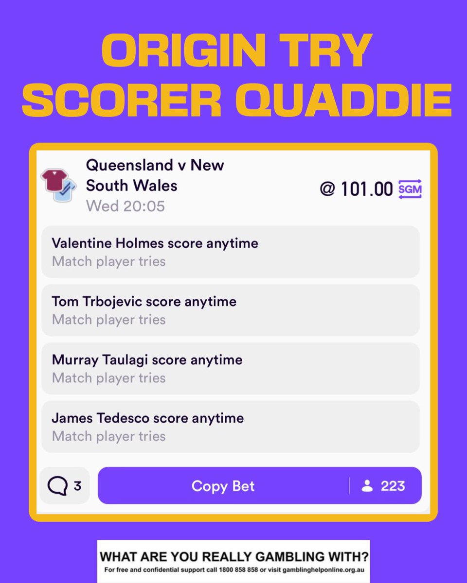 thecastpatrol's tweet image. 4 SOLID CHANCES TO SCORE !!! 💰

$101 ODDS 👀

View all Origin tips here: tinyurl.com/329yce2t

What is your juiciest multi for tonight? 

#punting #freetips #quaddie #tryscorer #anytimetryscorer #sgm #samegamemulti #multi #stateoforigin #stateoforigin2023 #stateoforigin23
