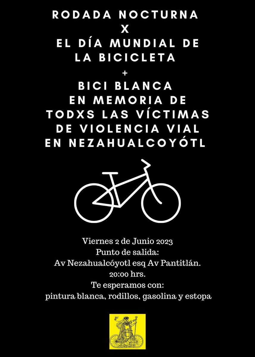 Acompaña a la rodada. Es en pro de una ciudad que tenga presente que todos los días perdemos vidas a causa de la violencia vial <a href="/bicimixtles/">Bicimixtles</a> <a href="/BicireporteraDF/">Bicireportera CDMX</a> <a href="/moralehe/">moིིུུུch - El de Chuirà!</a> <a href="/Biciverde/">BiciVerde Mx 💚</a> <a href="/VivasNeza/">Nos Queremos Vivas Neza</a>  <a href="/CDNeza/">Ciudad Nezahualcóyotl</a> <a href="/pedaleanda/">Pedaleanda</a> @adriangatillo <a href="/Bicitekas/">Bicitekas</a> <a href="/BicitlanRadio/">Bicitlán Radio</a> <a href="/GabiSotoBiciB/">Gabi Soto</a>