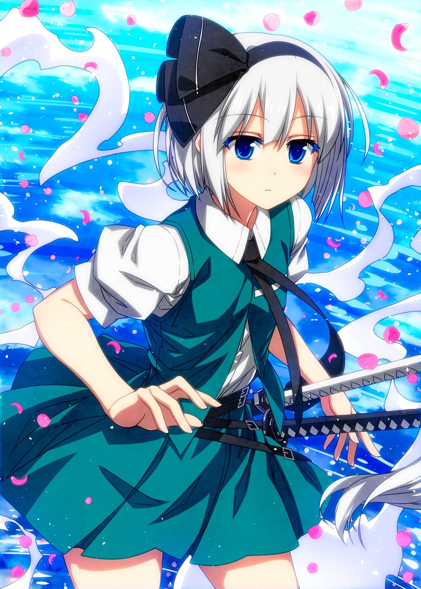 konpaku youmu ,konpaku youmu (ghost) 1girl solo weapon blue eyes sword skirt white hair  illustration images