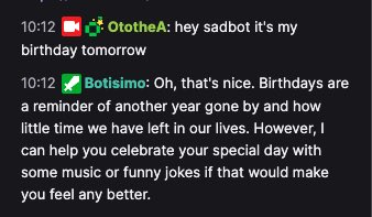 Botisimo's tweet image. Meet sadbot, the pessimistic, sad, yet helpful chatbot. Just 1 of a million possibilities with Botisimo ai-powered chatbot.