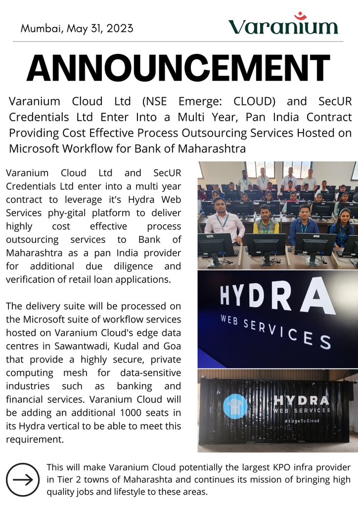 We are pleased to announce a multi year contract with SecUR Credentials to provide cost effective BPO infrastructure under #HydraWebServices to support their roll out of pan India diligence services to Bank of Maharashtra. We will be partnering with Microsoft for their workflow