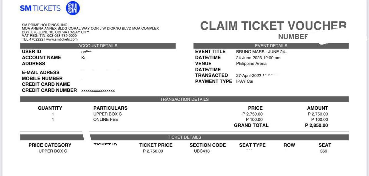 WTS/LFB PH

Bruno Mars Concert Tickets!

- Day 1 (June 24, 2023)
- 1 Upper Box C
- same price (2,850)
UBC 418, Row 115

Rfs: Change of plans

Meetup: MOA area, Las Piñas area

Dm me if interested! Thanks! 
#BrunoMarsInPH