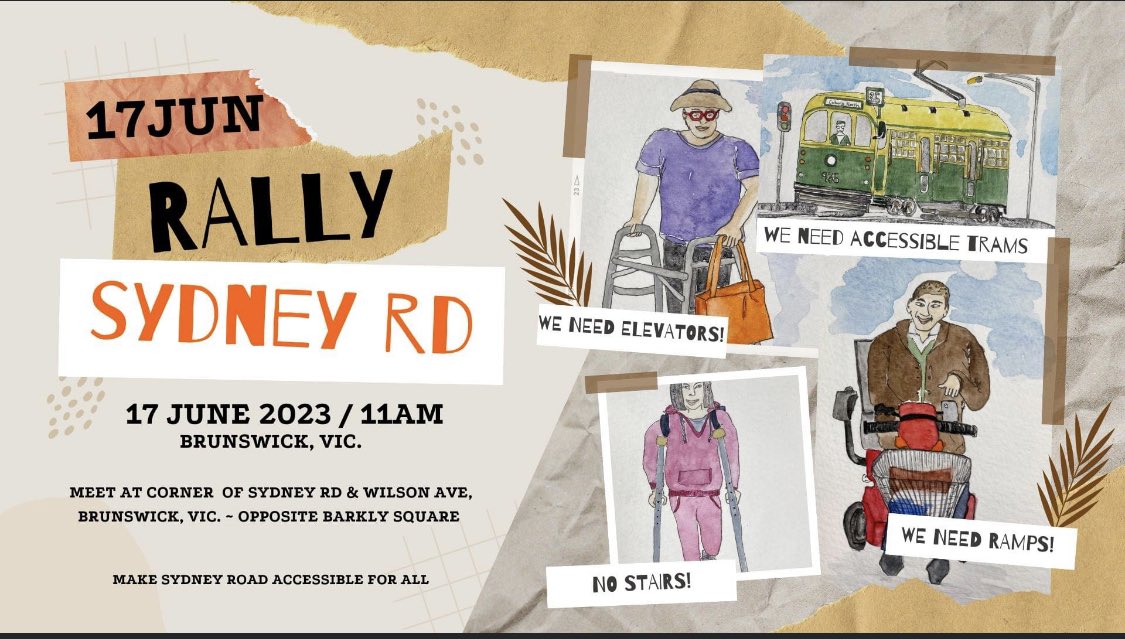 Join us for a public rally calling for accessible stops on Sydney Rd! 

There are no accessible stops between Brunswick Rd and Bakers Rd, Coburg - a 5.5k stretch through a dense area. 

11am, Saturday 17 June
Sydney Rd and Wilson Ave, Brunswick VIC. 
facebook.com/events/2519546…