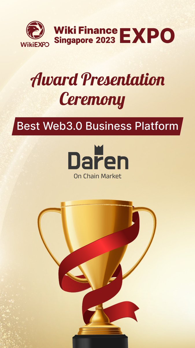 ￼📢 We're proud to announce that Daren Market made a splash at the 
@Wikiexpo_global
 Singapore 2023. ￼

￼Our team was honored to receive the Best Web 3.0 Business Platform Award at a banquet of industry leaders and visionaries. 🎉🎉🎉

#DarenUpdates #WikiFinanceExpo #Crypto…