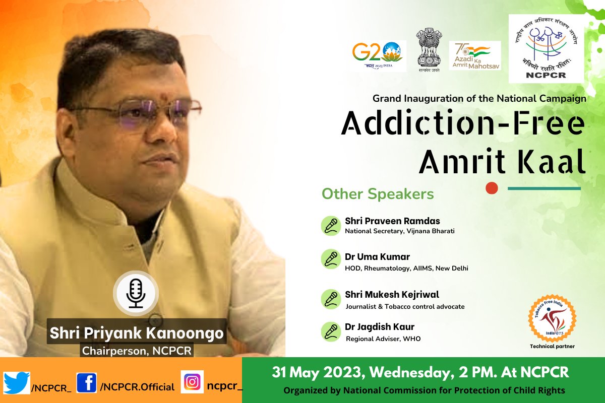 🎉 We are honored to have Mr. Priyank Kanoongo (@KanoongoPriyank), Chairperson of NCPCR (@NCPCR_), as a distinguished speaker at the 'Addiction Free Amrit Kaal' campaign. 
Join us today as he delivers an inspiring address, setting the tone for a healthier and addiction-free…