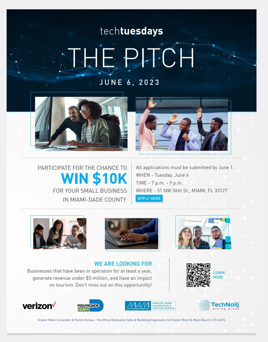 ALERT, ALERT! Miami-Dade Business Pitch Competition! Participate for the chance to win up to $10K for your small business.  

You still have time to apply! June 1st is the deadline! This is a collab between the GMCVB, Verizon, Miami-Dade County and TechNolij @GreaterMiamiCVB