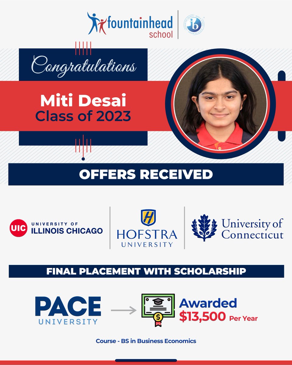 FSSurat's tweet photo. We're happy to announce that Miti Desai from the Class of 2023 has received offers from four universities and scholarships from one. She will soon be joining Pace University . We wish her all the best! #FSWay #FSLife #IBDP #FSPride #Classof2023 @iborganization https://t.co/VeGfX4A3kN